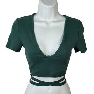 Zara Ribbed Wrap Crop Top Green Tie Waist Y2K 90s Belly Core Active Aesthetic